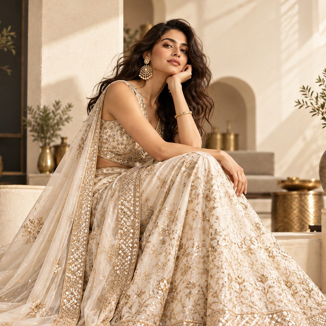 Champagne Embroidered Lehenga alternate view — BrandYatra Clothing