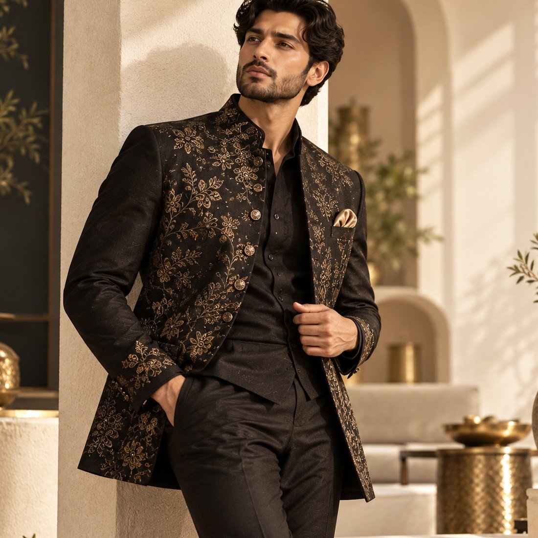 Black Gold Embroidered Bandhgala alternate view — BrandYatra Clothing