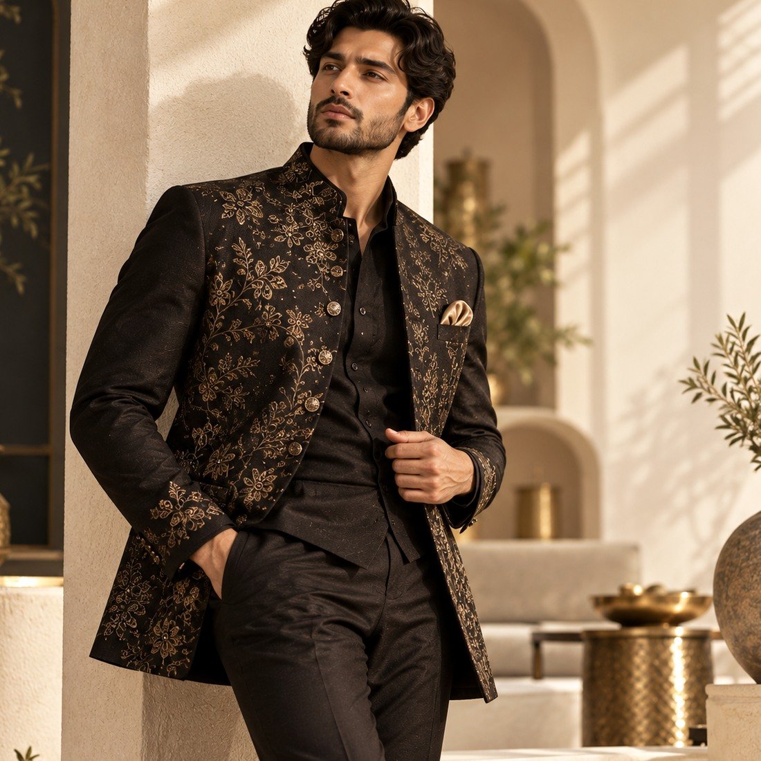 Black Gold Embroidered Bandhgala
