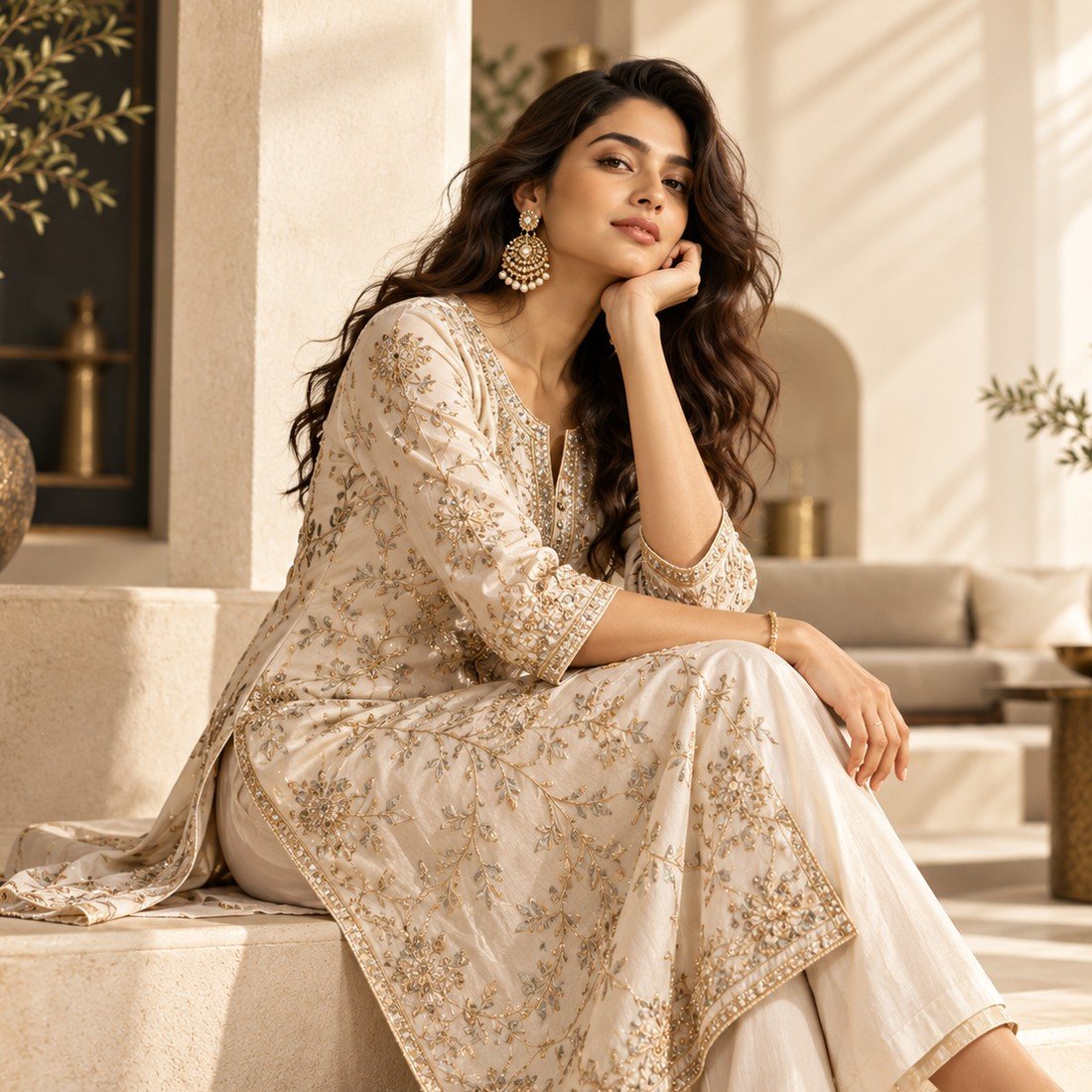 Ivory Embroidered Kurti alternate view — BrandYatra Clothing