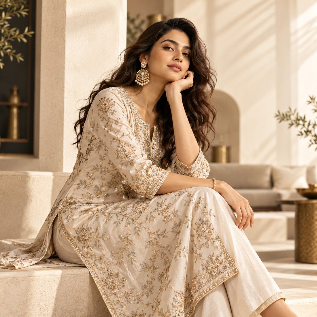 Champagne Festive Kurti alternate view — BrandYatra Clothing