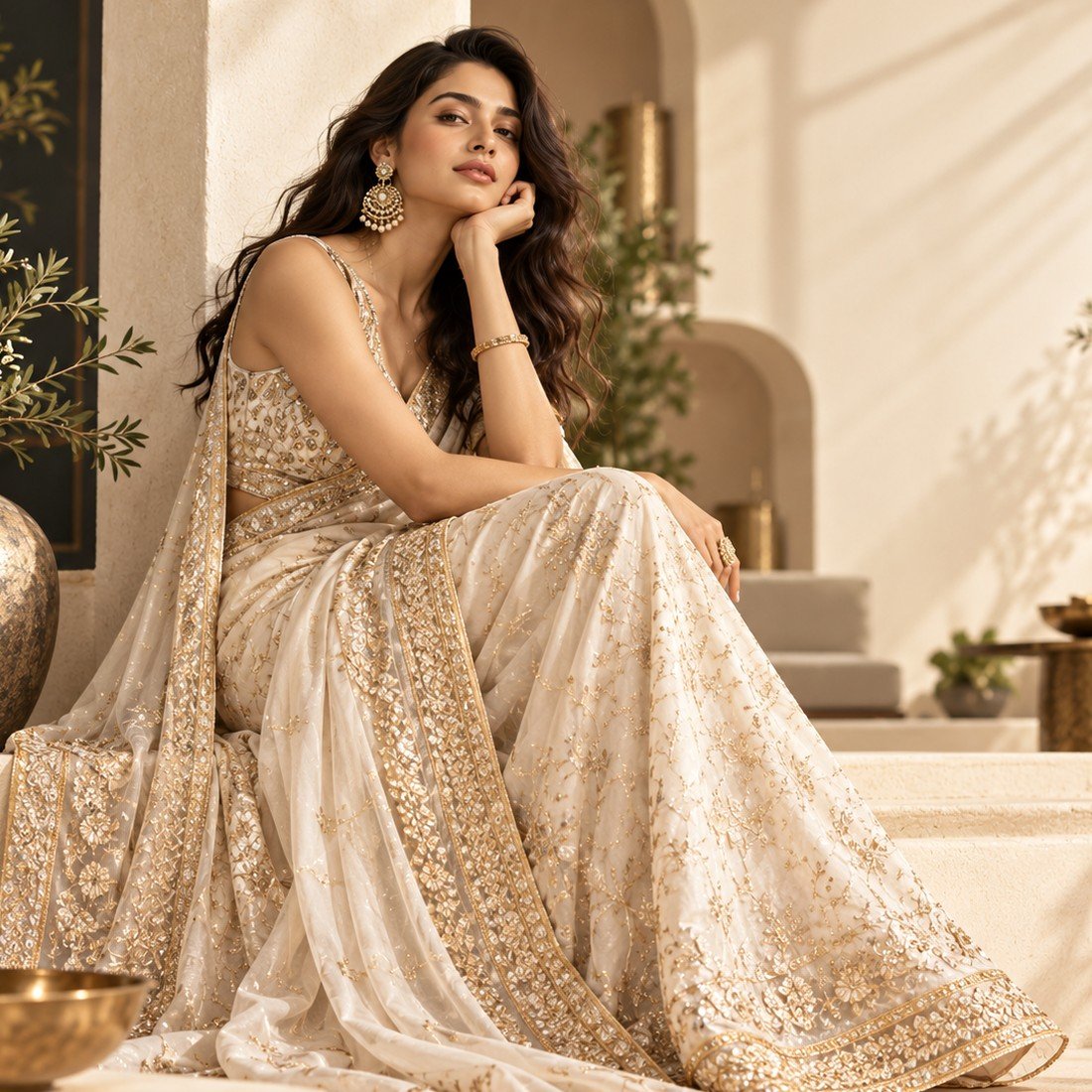 Ivory Gold Celebration Saree alternate view — BrandYatra Clothing